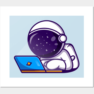 Cute Astronaut Working On Laptop Cartoon Posters and Art